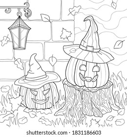 Two evil pumpkin with Witch hats and on a stump, falling autumn leaves, grass, a brick wall,  lantern. Halloween creepy hand drawn illustration on white isolated background. For coloring book pages.