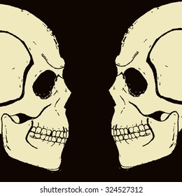 Two evil white hand-drawn skull in profile, looking each other in the dark. All isolated.