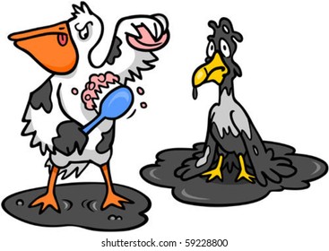 Two examples of birds covered in oil from a spill.