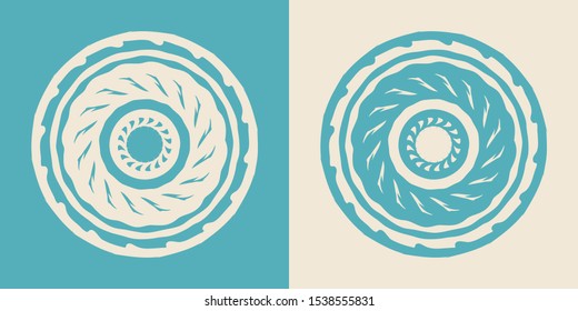 Two excellent vector illustrations of disc, isolated. Motor mechanic engine, rotating mechanism, wheel.