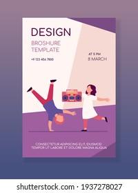 Two excited kids going crazy to music. Children with tape recorder dancing and having fun. Flat vector illustration. Childhood, entertainment concept for banner, website design or landing web page