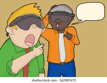 Two excited men looking and pointing at virtual reality 