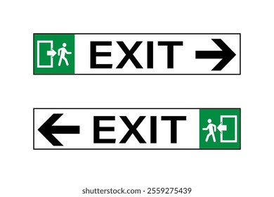 Two exit signs. Long rectangle shape with person walking, text and directional arrow, one pointing right and the other pointing left.	