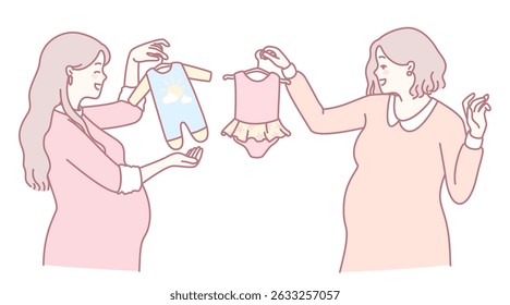 Two expectant mothers joyfully sharing and comparing adorable baby clothes in delightful pastel colors