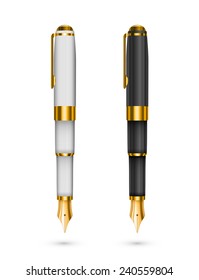 Two expensive ink pens isolated, black and white with gold. Vector illustration