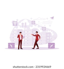 Two expert IT technicians worked together in a data center, listing server racks with laptops. Trend Modern vector flat illustration.