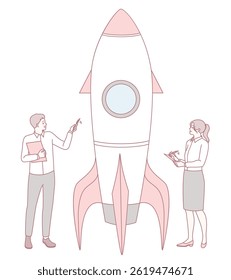 Two experts discuss innovative rocket concepts, symbolizing the value of collaboration and teamwork