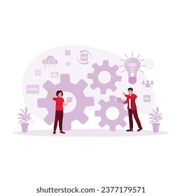 Two IT experts exchange ideas for developing software on a laptop. DevOps Developers concept. Trend Modern vector flat illustration