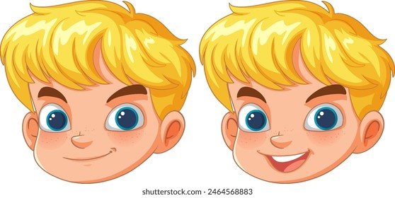 Two expressions of a cartoon blonde boy