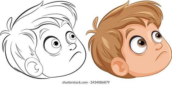 Two expressions of a cartoon boy, colored and outlined