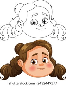 Two expressions of a cartoon girl, colored and outlined.