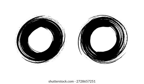 Two expressive black ink brush stroke circles in a zen calligraphy style for artistic frames, logos, and minimalist design elements.