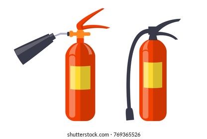 Two extinguishers in red color isolated on white vector colorful illustration in graphic design. Equipment set for firefighting poster