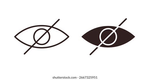 Dois ícones de olho: uma arte de linha, outra preenchida. Ambos mostram um olho com uma linha diagonal através dele, indicando oculto ou invisível.