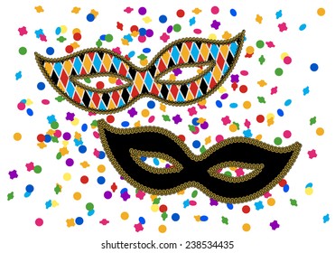 Two eye masks and confetti on white background