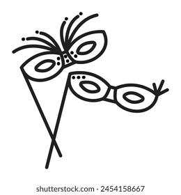 Two eye masquerade masks with sticks, vector black line icon