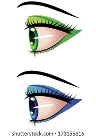 Two eyes of green and blue color in profile view.