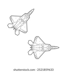 Dos F-22 Raptor Aircraft Outline Illustration. Icono de mercado. F-22 Raptor Aircraft Outline Illustration. Vector De Arte De Línea De Dibujo De Avión De Combate En Blanco Y Negro. Boceto de contorno de avión de guerra.