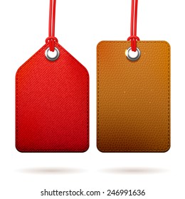Two fabric red and brown leather textured tags, set of isolated vector design objects