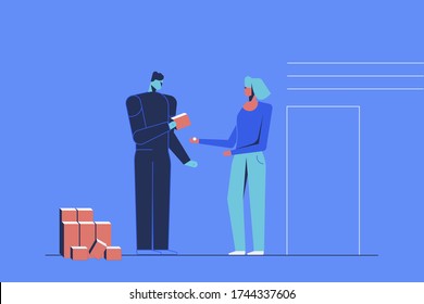 Two face to face abstract characters trading. One person gives a box to another person. Corporate style illustration made of simple shapes. 