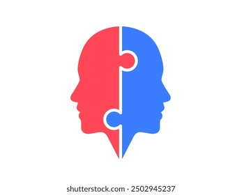 Two face in a puzzle. Different personality. Isolated Vector Illustration