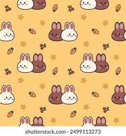 Two face rabbit white and brown cartoon so cute. On carrot cherry star yellow background. Pattern seamless vector illustration. 