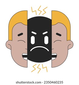 Two faced flat line concept vector spot illustration. Hypocrite fake guy split face 2D cartoon outline character on white for web UI design. Bipolar disorder editable isolated color hero image
