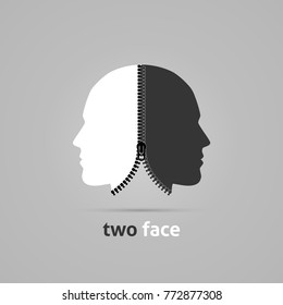 Two faced head. Creative concept with zipper. Vector illustration