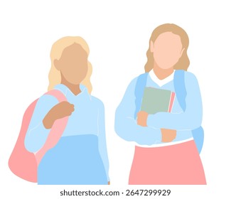 Two faceless caucasian schoolgirls flat illustration. School concept characters minimalist design.