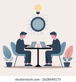 Dois personagens sem rosto fazendo brainstorming em uma mesa com laptops e gráficos. Vetor plano com tema tecnológico, design amigável para animação para cartazes e vídeos explicativos.