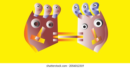 Two faces with abstract brains surealism drawing art vector illustration EPS 10