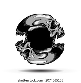 Two faces circular screaming skull. Vector hand drawn illustration.