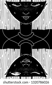 Two faces with different emotions as on a playing card against each other. The girl and her different emotions. Teenager as an avatar for the account. Print for your design.