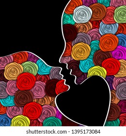 Two faces are drawn to each other for kiss. Conceptual background. 3D vector illustration.