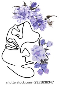 Two faces with Flowers in Minimal One Line Art Drawing