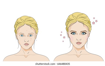 Two faces of a girl of different ages changing and getting more handsome