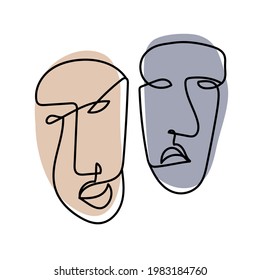 Two faces line drawing illustration  Theatre masks and happy   sad expressions
