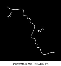 Two faces line illustration. Couple in love. Black and white. Black background. One line drawing.