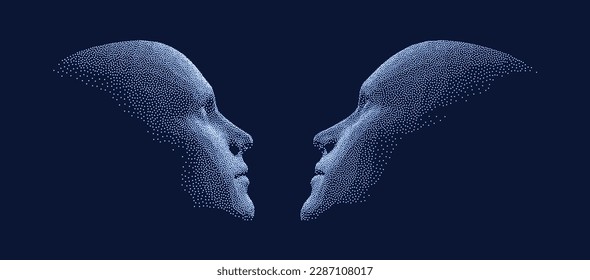 Two faces are looking at something. Technology and robotics concept. Design for business presentations, flyers or posters. 3D vector illustration.