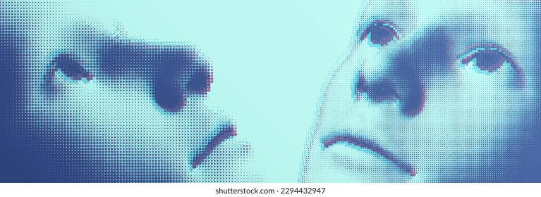 Two faces are looking at something. Technology and robotics concept. Design for business presentations, flyers or posters. 3D vector illustration.