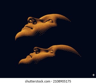Two faces of luminous golden particles. Network forming AI human face. Technology and robotics concept. 3D vector illustration. 