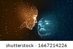 Two faces of luminous particles, orange and blue face, fire and ice, opposites
