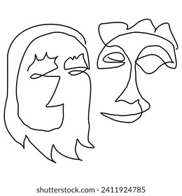 Two faces of men and women. One line drawing. Vector illustration.