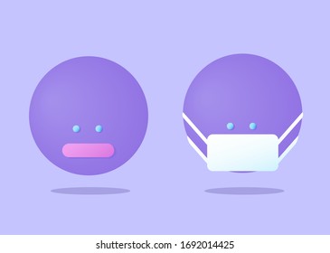 Two faces on a purple background, one of them wearing a virus mask, vector image