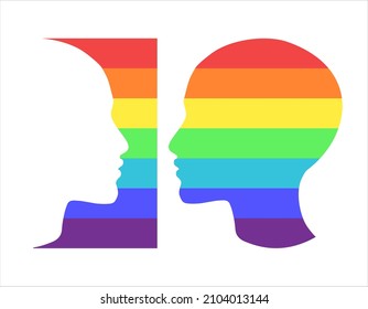 Two faces on a white and on a rainbow background look at each other