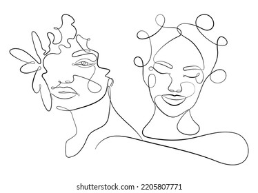 Two faces  one line drawing an illustration fashionable women  Abstract women's faces touch one line the vector drawing  Portrait in minimalist style  Modern art continuous line 