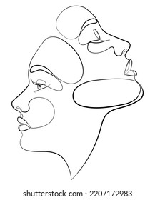 Two faces  one line drawing an illustration fashionable women  Abstract women's faces touch one line the vector drawing  Portrait in minimalist style  Modern art continuous line 