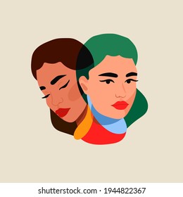 Two faces of one person. Woman with two different personalities. Two-faced lady. Split Personality, bipolar disorder, Mood, emotions, mind Mental, psycho therapy concept. Abstract Vector illustration 