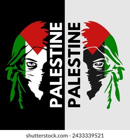 Two faces of Palestine with a black and white background. The faces are looking at the camera. The word Palestine is written in the center of the image