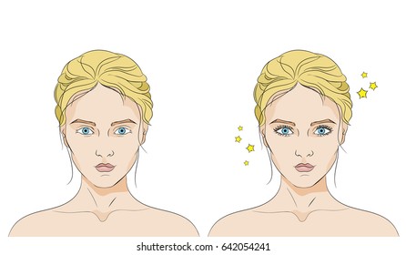Two faces of a same woman with sparse and beautiful eyelashes on white background